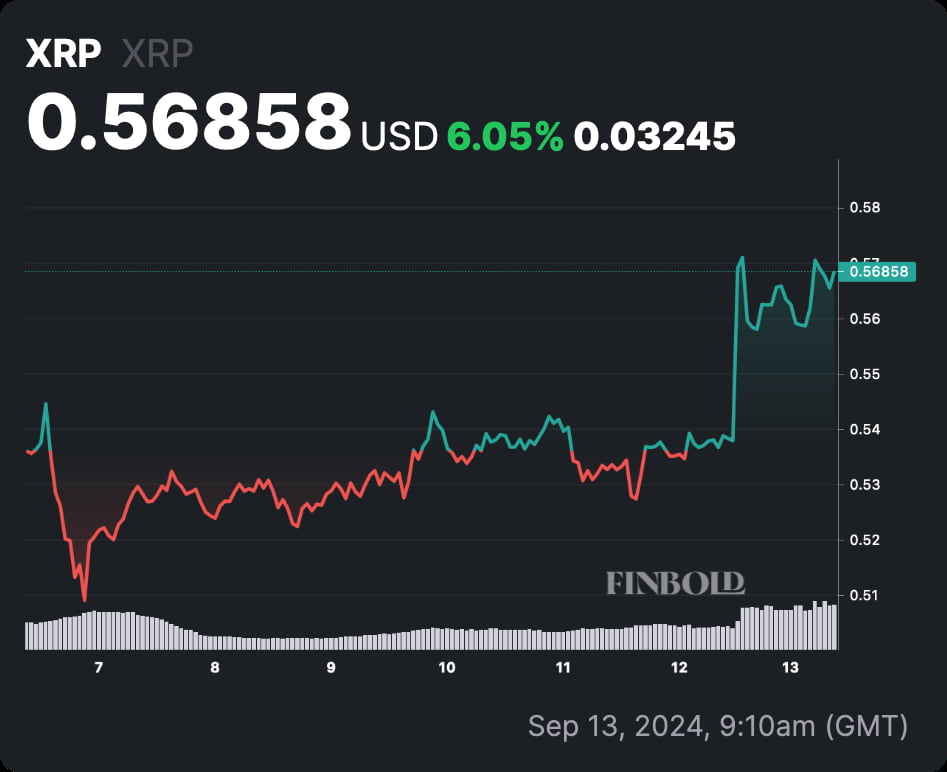 Ripple's (XRP) seven-day price chart on September 13. Source: Finbold 