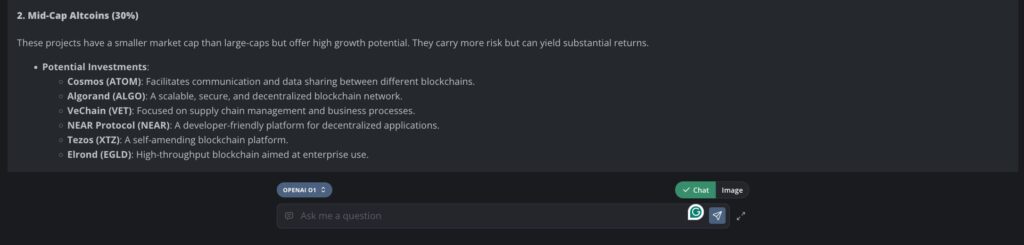 OpenAI o1 crypto portfolio allocations – Mid-cap altcoins. Source: NanoGPT / Finbold 