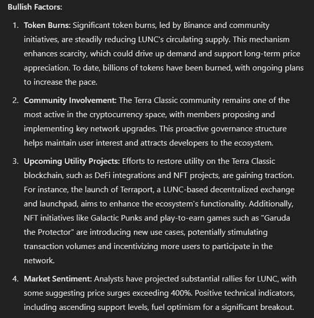 Bullish factors for LUNC outlined by ChatGPT-4o. Source: OpenAI