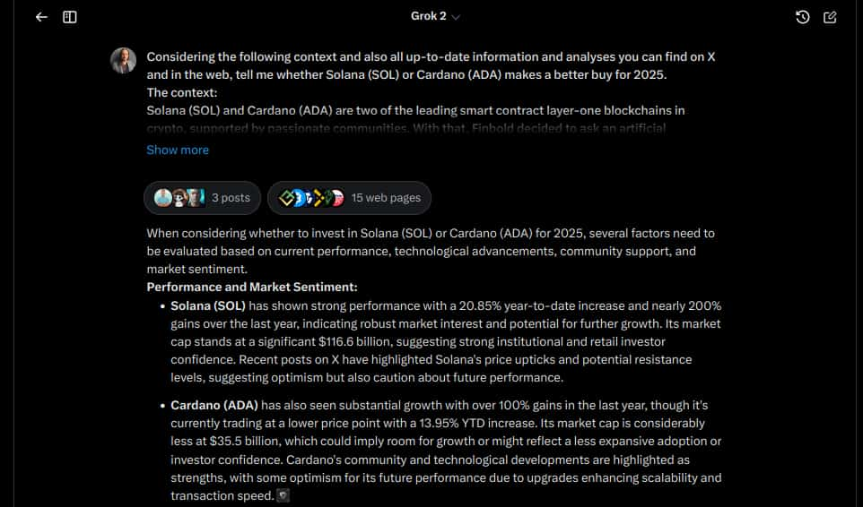 Grok 2 on “SOL or ADA as a better buy for 2025” – Part 1. Source: Finbold / Vinicius Barbosa 