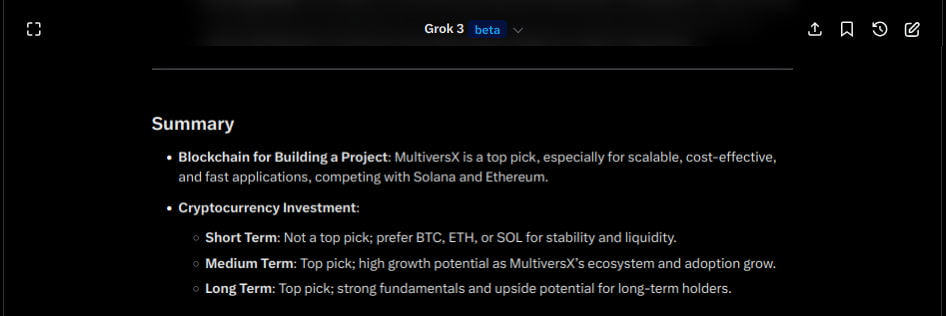 Grok 3 AI Summary on MultiversX (EGLD) for building a project and short, mid, and long term investment. Source: Finbold / Vinicius ‘Vini’ Barbosa